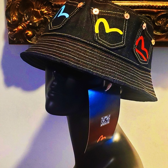 Evisu Multi-color Seagull Print Multi-Pockets Denim Bucket Hat NWT w Bag - Picture 8 of 10